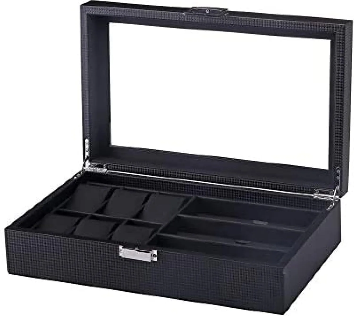 Black Carbon Fiber Watch Bracelet Glasses Storage Box - Multi-Function Jewelry Display Case for Women Men - Transparent Cover Organizer Gift Box