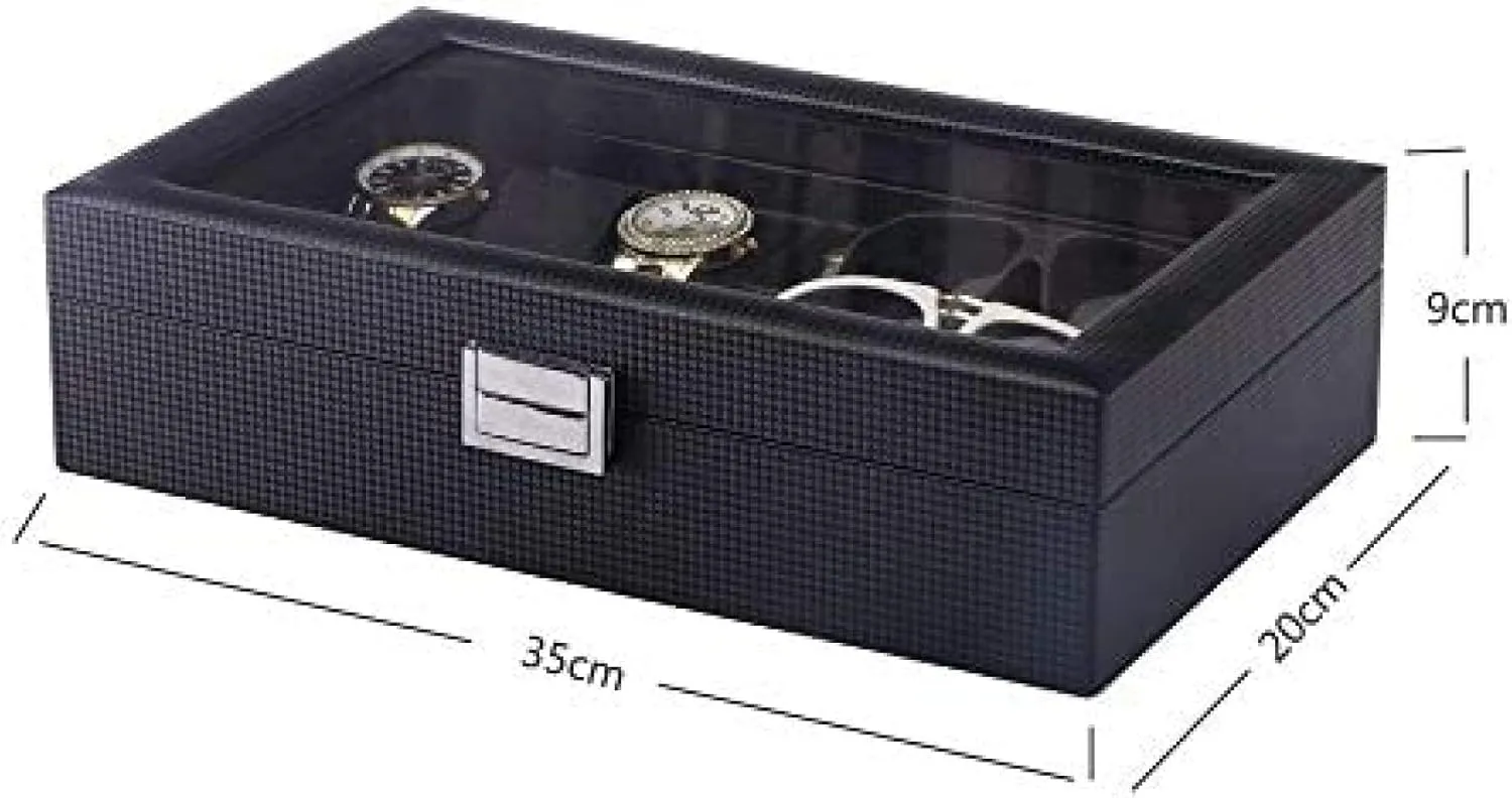 Black Carbon Fiber Watch Bracelet Glasses Storage Box - Multi-Function Jewelry Display Case for Women Men - Transparent Cover Organizer Gift Box