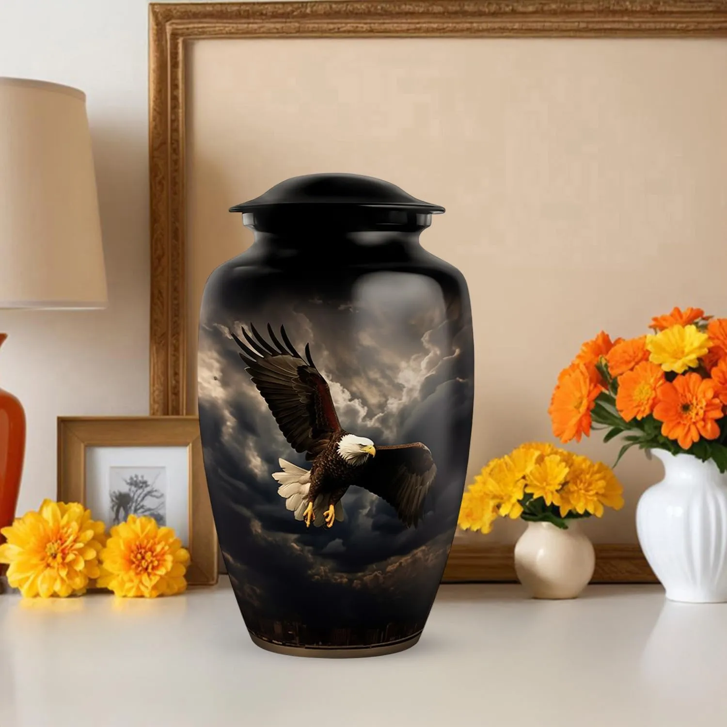 Black Eagle Fly Urns for Adult Male & Female Ashes - Large Funeral Urn for Human Ashes Women - Memorial Gift for Cremation Ashes 10 Inch & 200 Cubic Inches Capecity Includes Velvet Bag