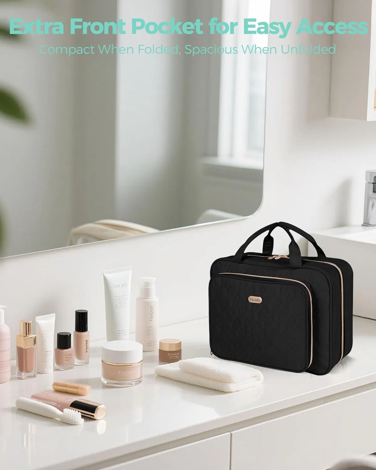Black Toiletry Bag Travel with Hanging Hook, Water-resistant Cosmetic Makeup Bag Organizer for Shampoo, Full Sized Container, Toiletries