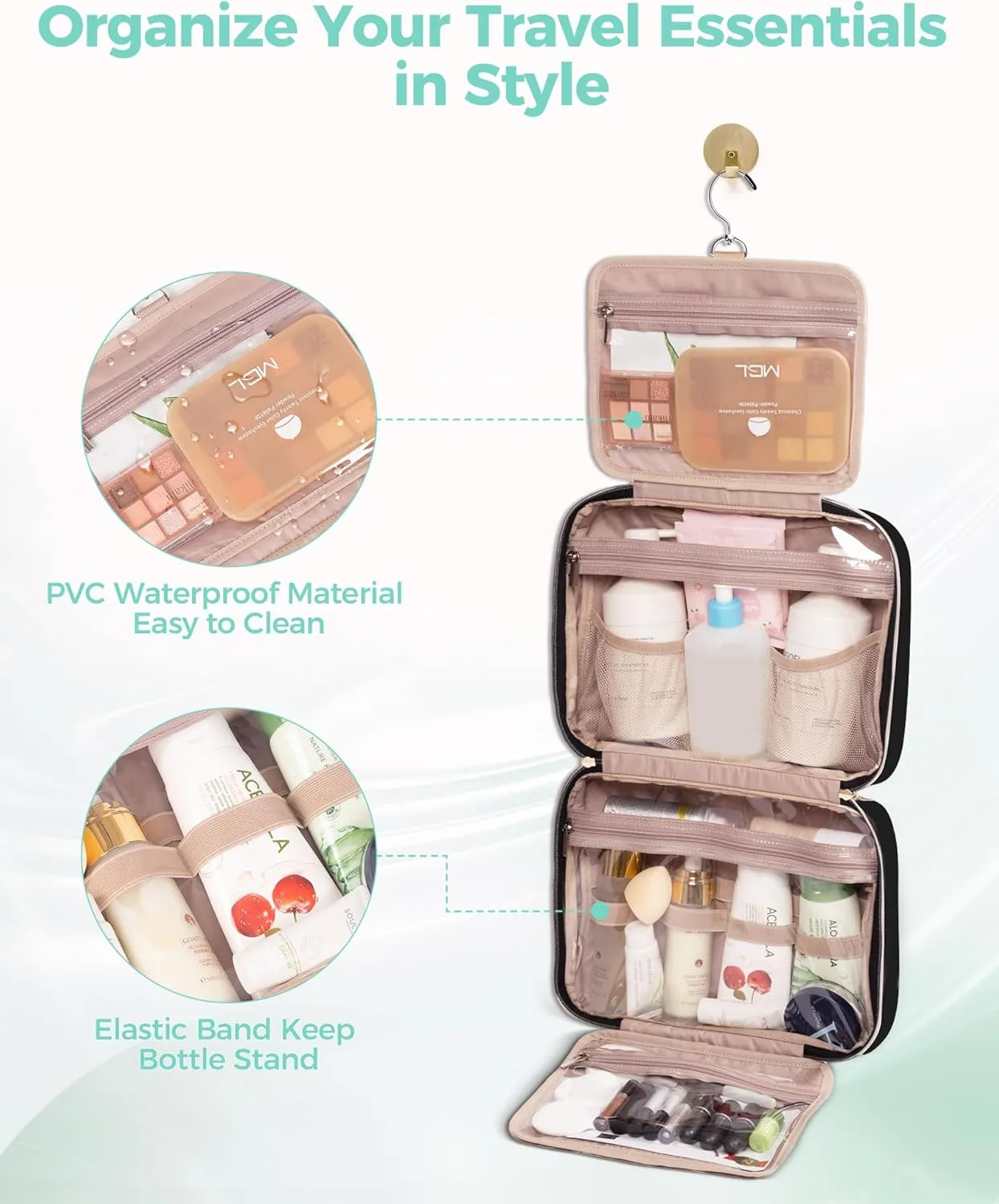 Black Toiletry Bag Travel with Hanging Hook, Water-resistant Cosmetic Makeup Bag Organizer for Shampoo, Full Sized Container, Toiletries