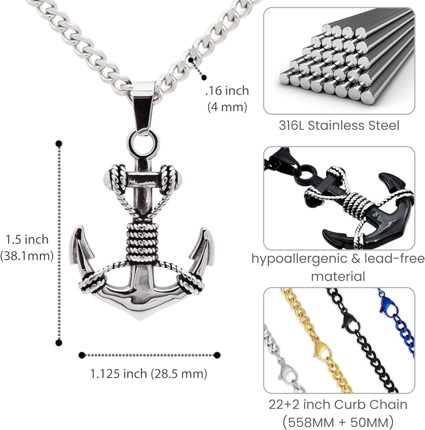 BlackJack Men’s Anchor Pendant, 316L Stainless Steel Necklace White/Gold/Black/Blue with a 24” Curb Chain, Nautical Jewelry Gifts