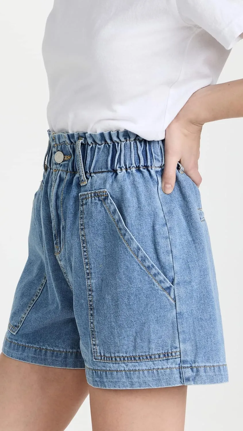 [BLANKNYC] Womens Elastic Waistband Denim Shorts with Patch Pockets, Stylish Clothing