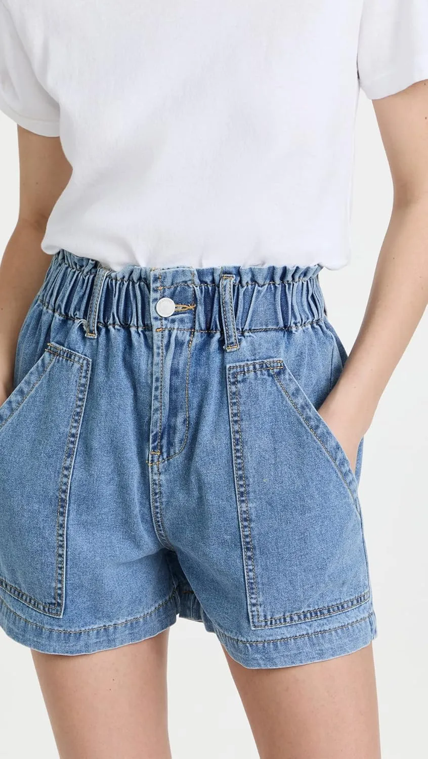[BLANKNYC] Womens Elastic Waistband Denim Shorts with Patch Pockets, Stylish Clothing