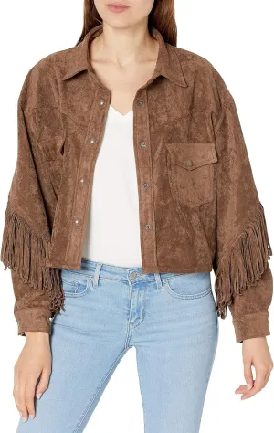 [BLANKNYC] womens Luxury Clothing Faux Suede Fringe Shirt Jacket, Comfortable & Stylish Coat