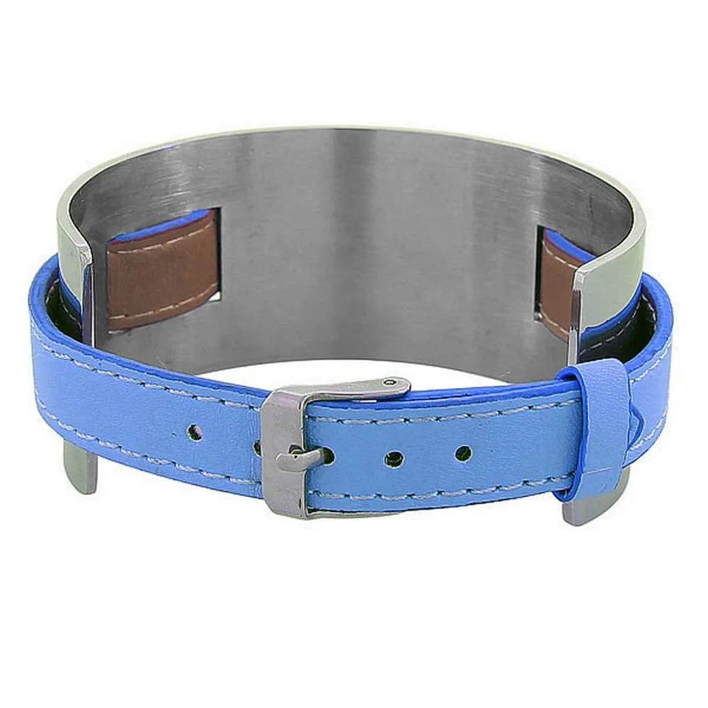 Blue Faux Leather Stainless Steel Silver-Tone Wristband Womens Wrap Bracelet