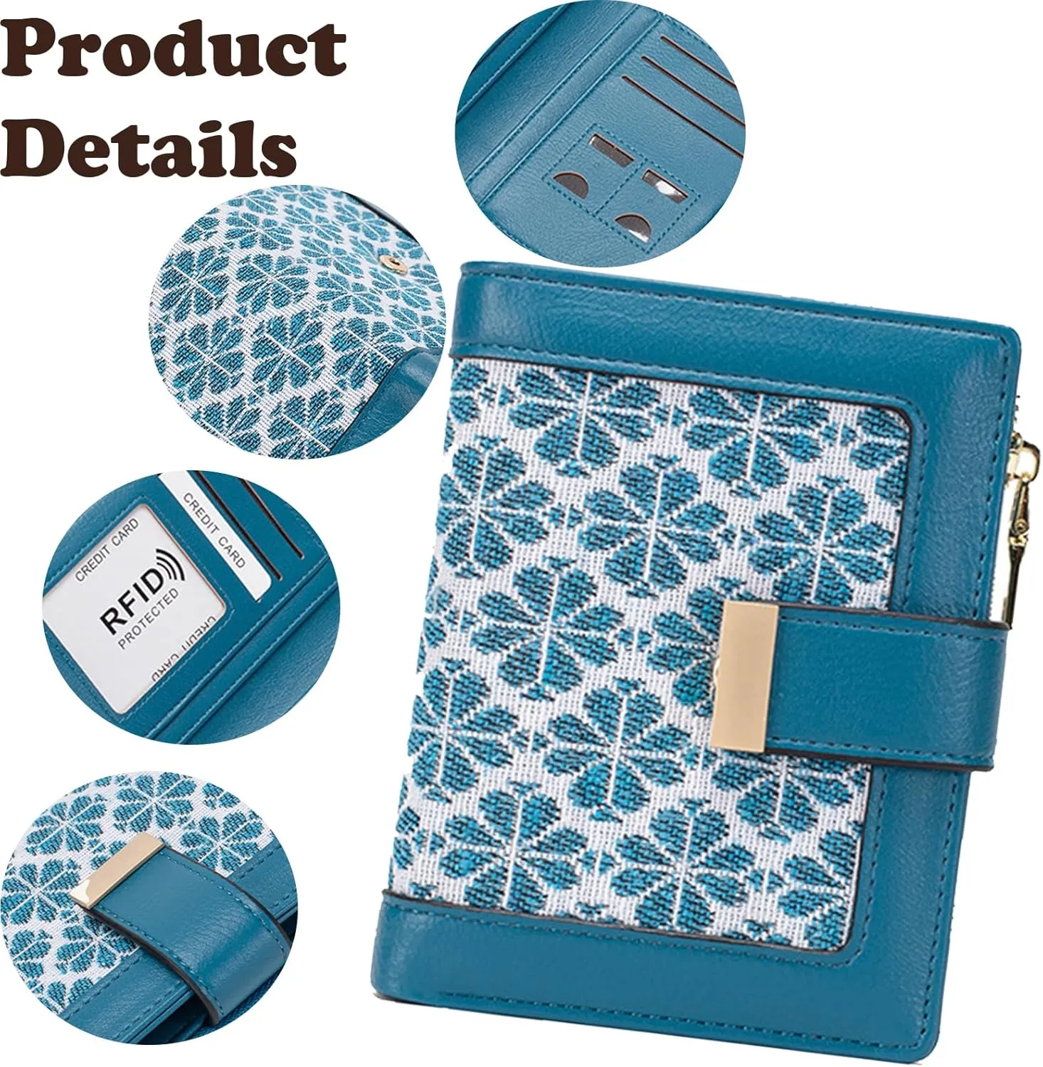 Blue RFID Blocking Wallet for Women Small Leather Coin Purse with Flower Design Minimalist Credit Card Holder and ID Window Cute Travel Cash Wallet for Women