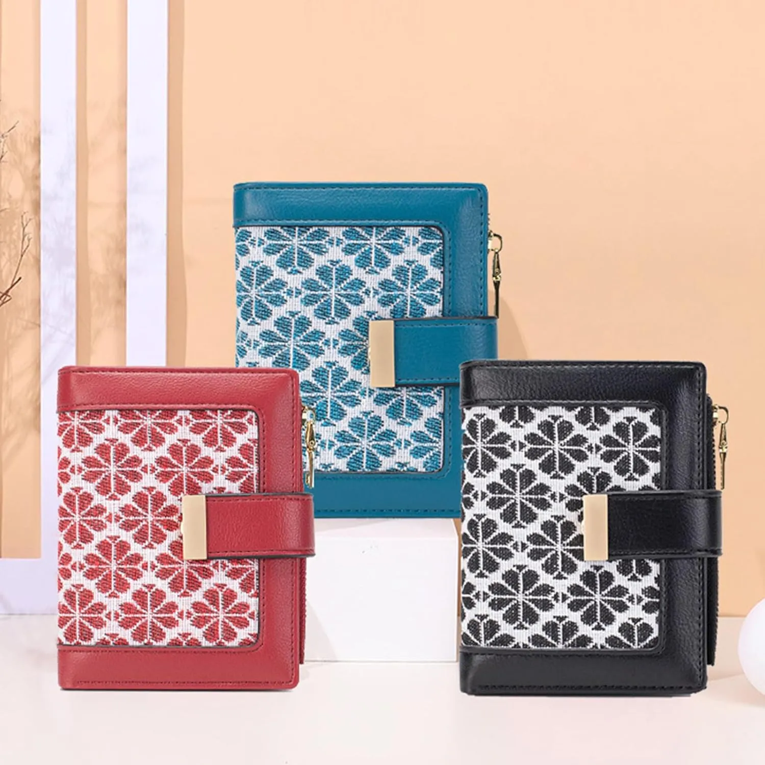 Blue RFID Blocking Wallet for Women Small Leather Coin Purse with Flower Design Minimalist Credit Card Holder and ID Window Cute Travel Cash Wallet for Women