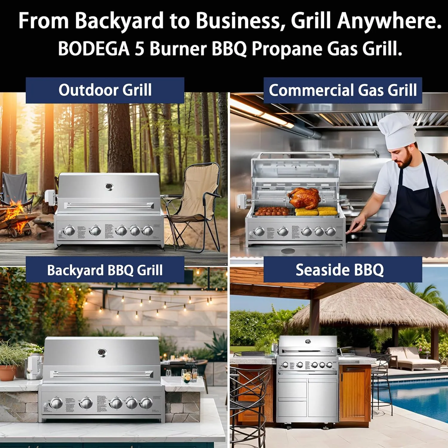 BODEGA 58000-BTU Propane Gas Grill, 30 Inch Stainless Steel Outdoor Grill, 5-Burner Backyard BBQ Grill for Kitchen, Built-in Thermometer & BBQ Fork Kit | Backyard BBQ, Camping, Outdoor Cooking.
