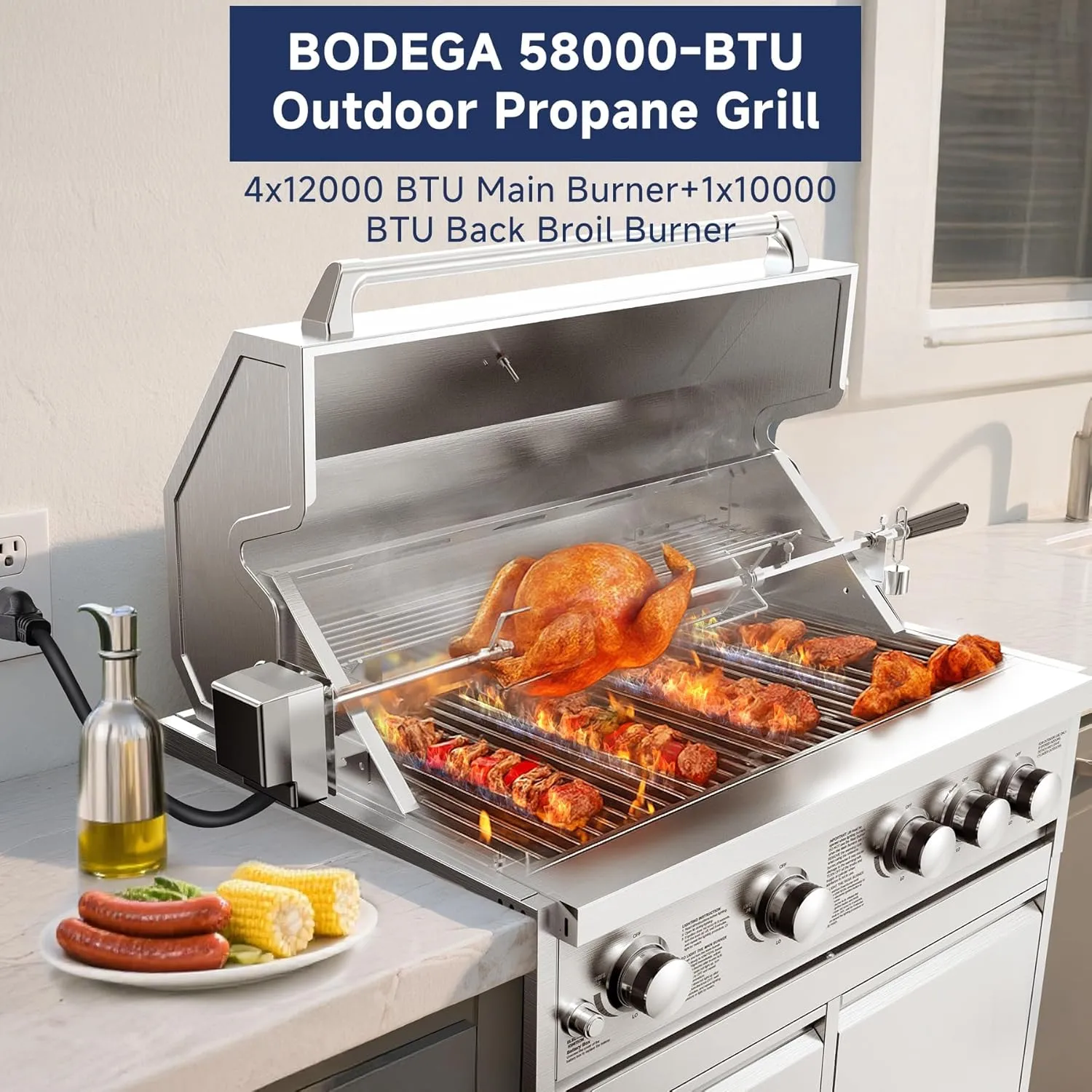 BODEGA 58000-BTU Propane Gas Grill, 30 Inch Stainless Steel Outdoor Grill, 5-Burner Backyard BBQ Grill for Kitchen, Built-in Thermometer & BBQ Fork Kit | Backyard BBQ, Camping, Outdoor Cooking.