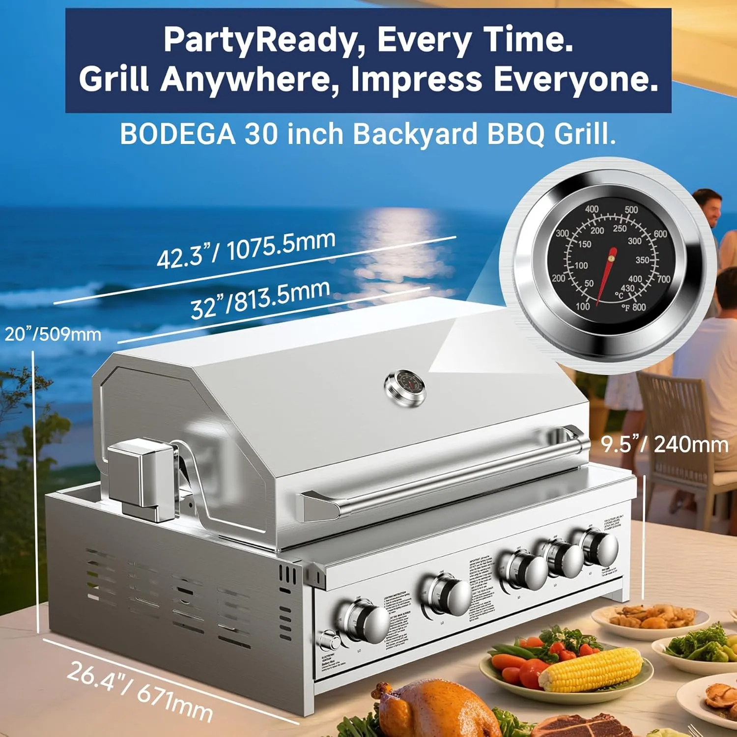 BODEGA 58000-BTU Propane Gas Grill, 30 Inch Stainless Steel Outdoor Grill, 5-Burner Backyard BBQ Grill for Kitchen, Built-in Thermometer & BBQ Fork Kit | Backyard BBQ, Camping, Outdoor Cooking.