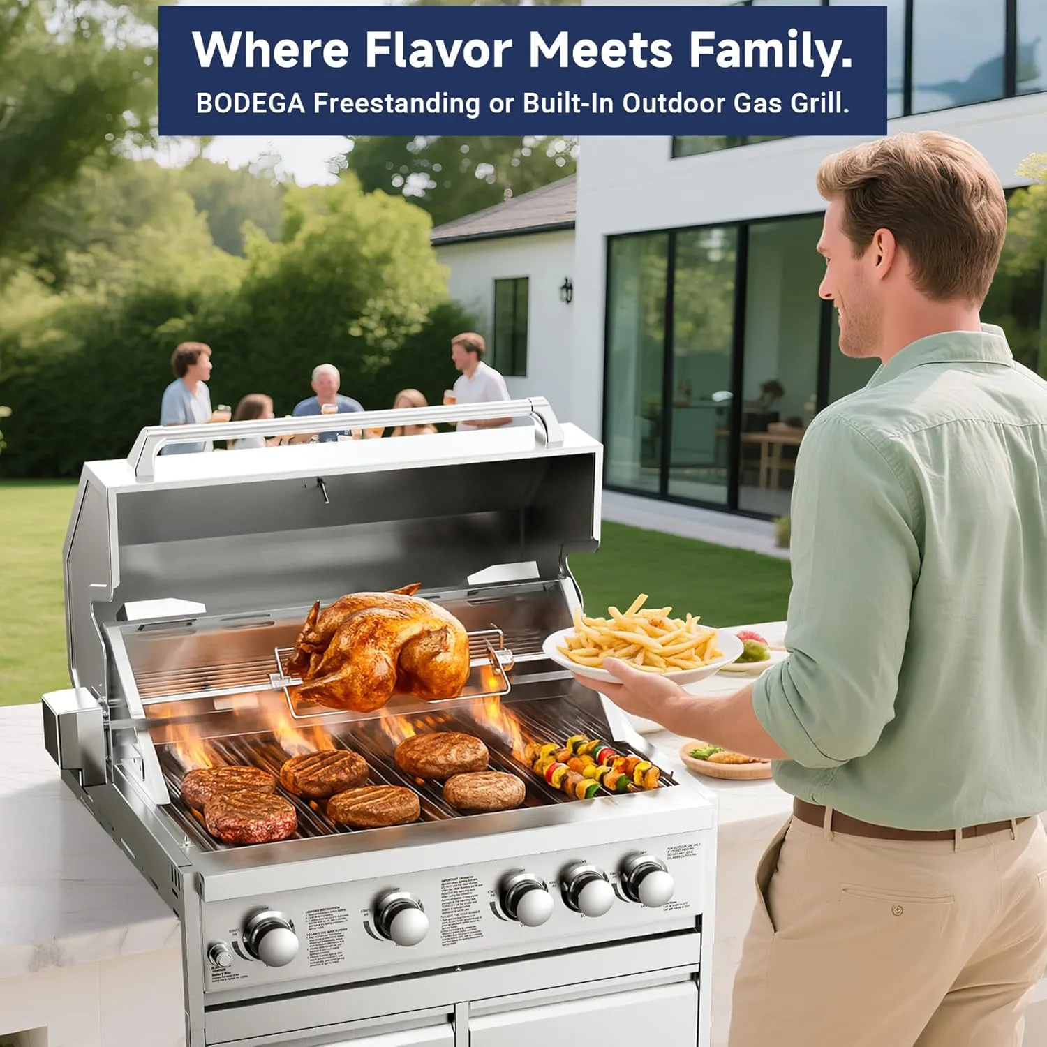 BODEGA 58000-BTU Propane Gas Grill, 30 Inch Stainless Steel Outdoor Grill, 5-Burner Backyard BBQ Grill for Kitchen, Built-in Thermometer & BBQ Fork Kit | Backyard BBQ, Camping, Outdoor Cooking.