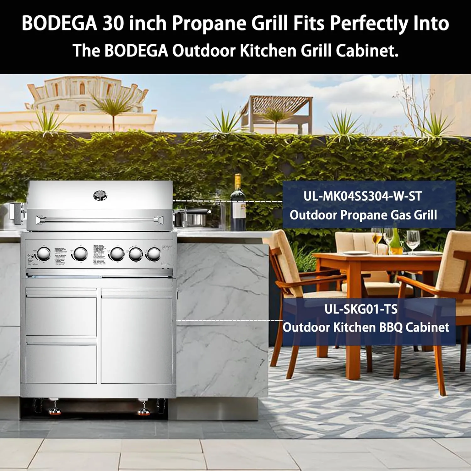 BODEGA 58000-BTU Propane Gas Grill, 30 Inch Stainless Steel Outdoor Grill, 5-Burner Backyard BBQ Grill for Kitchen, Built-in Thermometer & BBQ Fork Kit | Backyard BBQ, Camping, Outdoor Cooking.