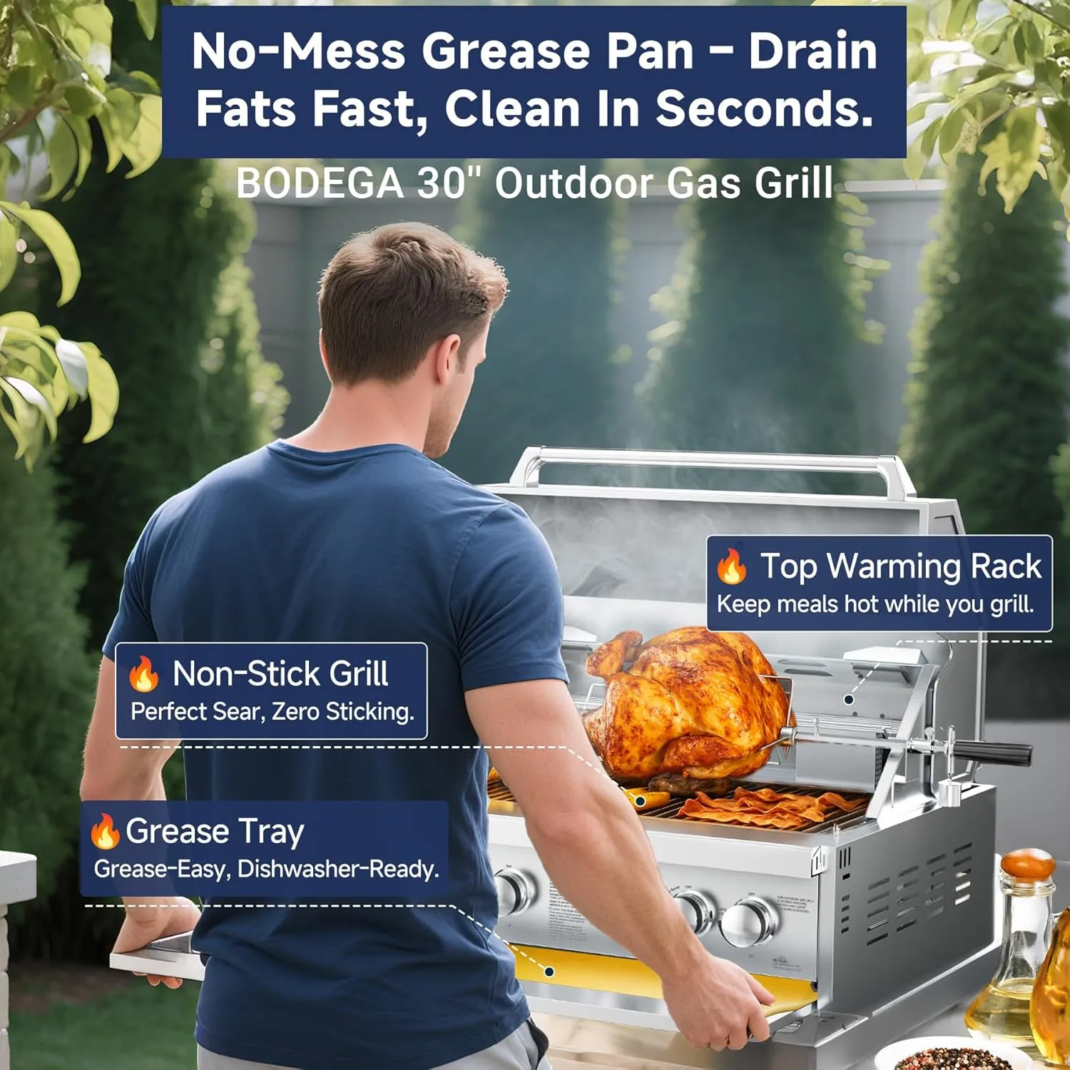 BODEGA 58000-BTU Propane Gas Grill, 30 Inch Stainless Steel Outdoor Grill, 5-Burner Backyard BBQ Grill for Kitchen, Built-in Thermometer & BBQ Fork Kit | Backyard BBQ, Camping, Outdoor Cooking.