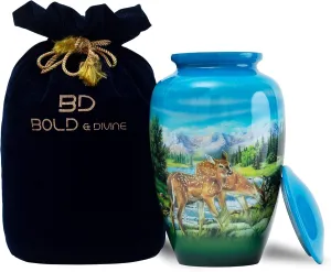 BOLD & DIVINE Adult Urn Grazing Deer Cremation Urn | Human Ashes Adult Memorial urn, Burial, Funeral Cremation Urns | 200 Cubic Inches (Large/Adult Urn) with Unique Velvet Bag