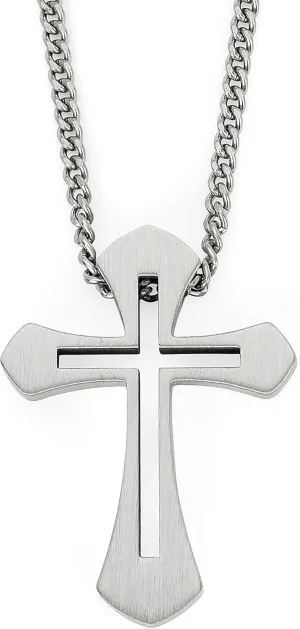 Boston Bay Diamonds Men's Cross Pendant Necklace in 316L Stainless Steel Cutout Cross on 24” Curb Chain
