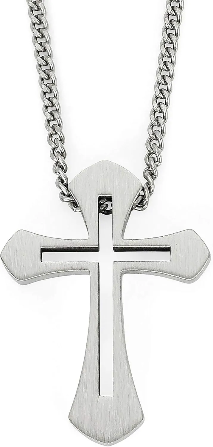 Boston Bay Diamonds Men's Cross Pendant Necklace in 316L Stainless Steel Cutout Cross on 24” Curb Chain