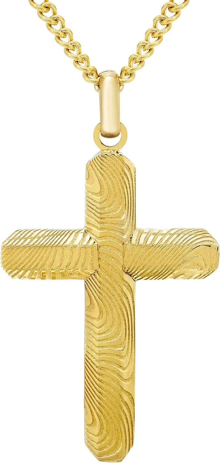 Boston Bay Diamonds Men's Cross Pendant Necklace in Damascus 316L Stainless Steel on 24" Curb Chain, Elegant Choice of Colors for Fashion with Faith - Stylish and Durable Men's Jewelry