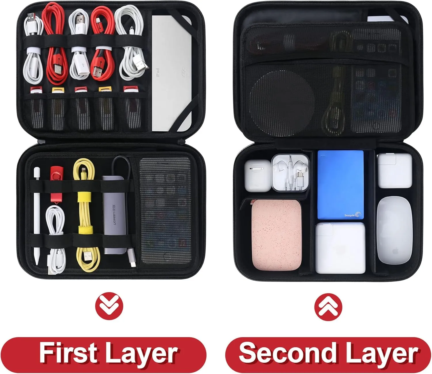 BOVKE Electronic Organizer Travel Cable Organizer Bag Electronic Accessories Case Portable Tech Organizer for Tablet Apple iPad 11in, Hard Drives, Cables, Chargers, iPhone, Power Bank, Black