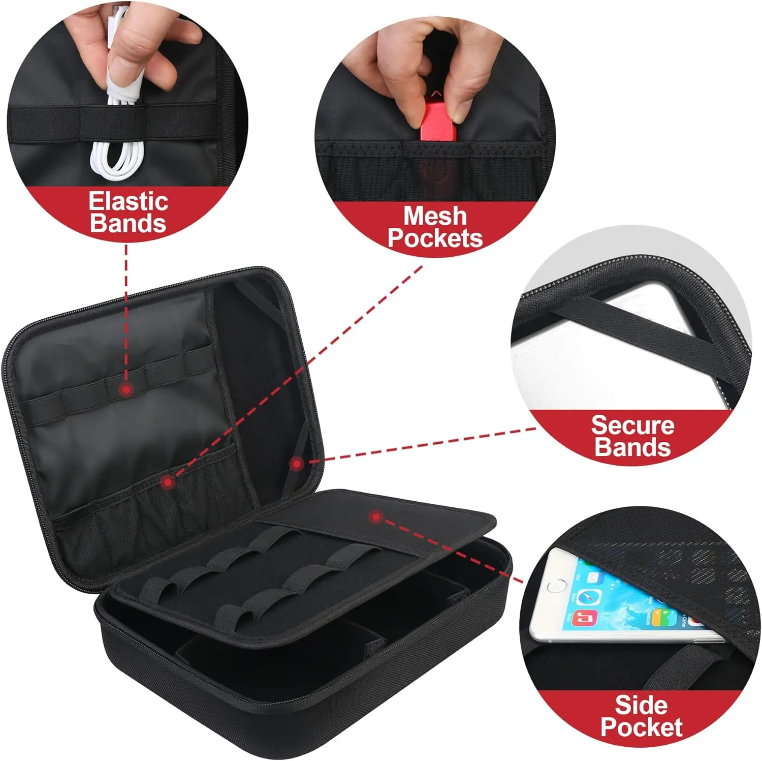BOVKE Electronic Organizer Travel Cable Organizer Bag Electronic Accessories Case Portable Tech Organizer for Tablet Apple iPad 11in, Hard Drives, Cables, Chargers, iPhone, Power Bank, Black
