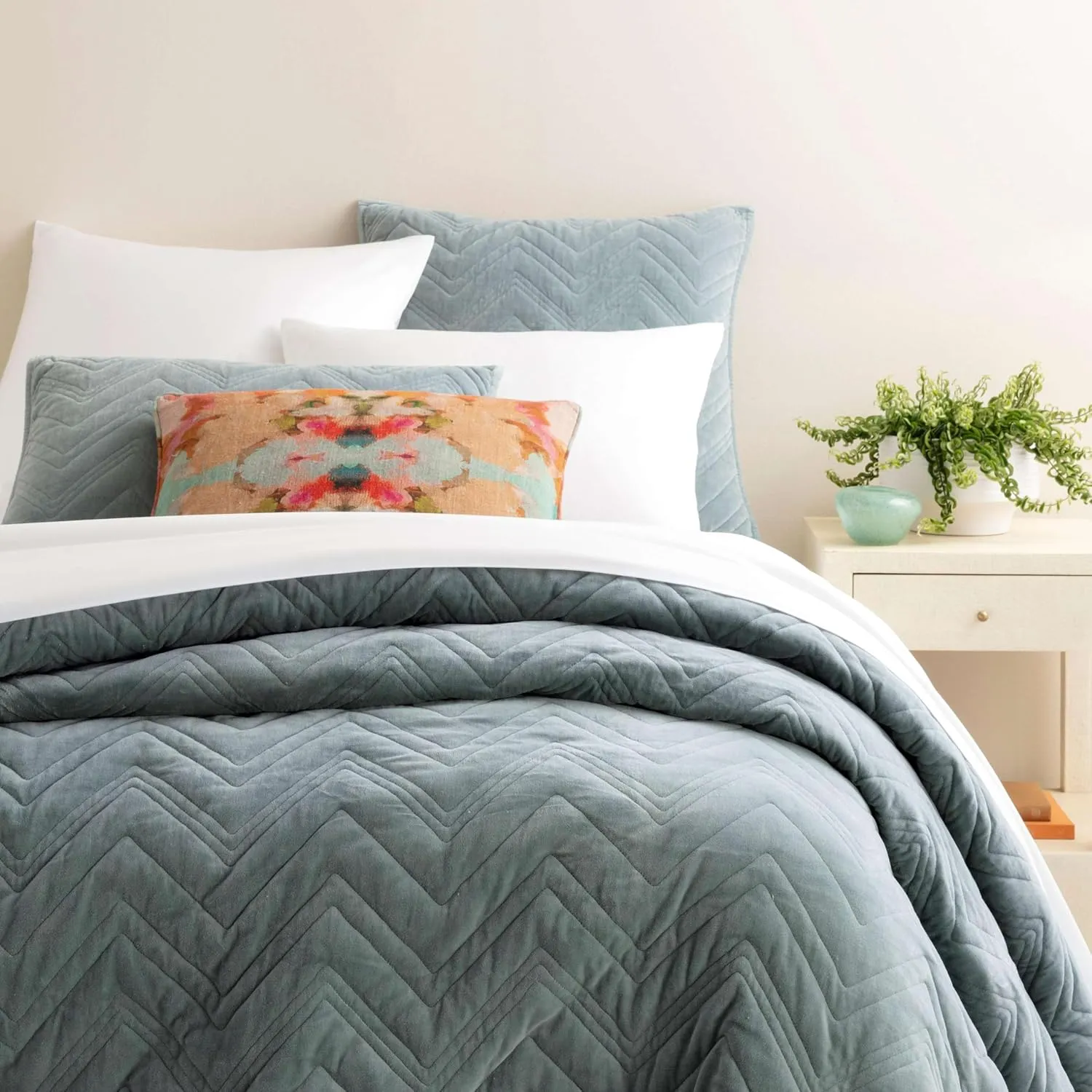 Brentwood Velvet Ocean Quilted Pillow Sham, Standard Size, Blue Solid Pattern