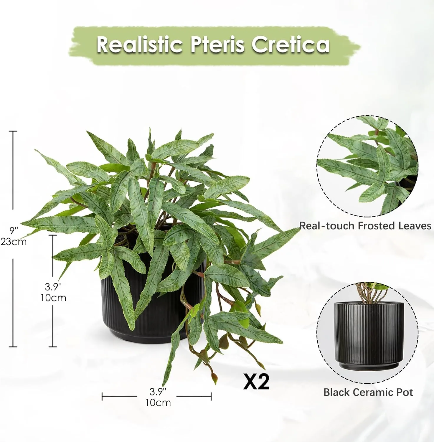 Briful Faux Plants Indoor 9'' Artificial Potted House Plant with Black Ceramic Pot Fake Pteris Cretica Fern Plant for Home Office Room Desk Shelf Decor Indoor(2PACK)
