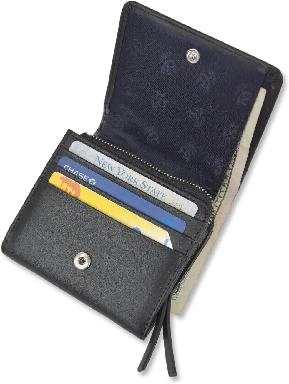 Brooks Brothers Tri-Fold Fold Over Zipper Pocket Wallet Small Leather Wallet, (136829 Black)
