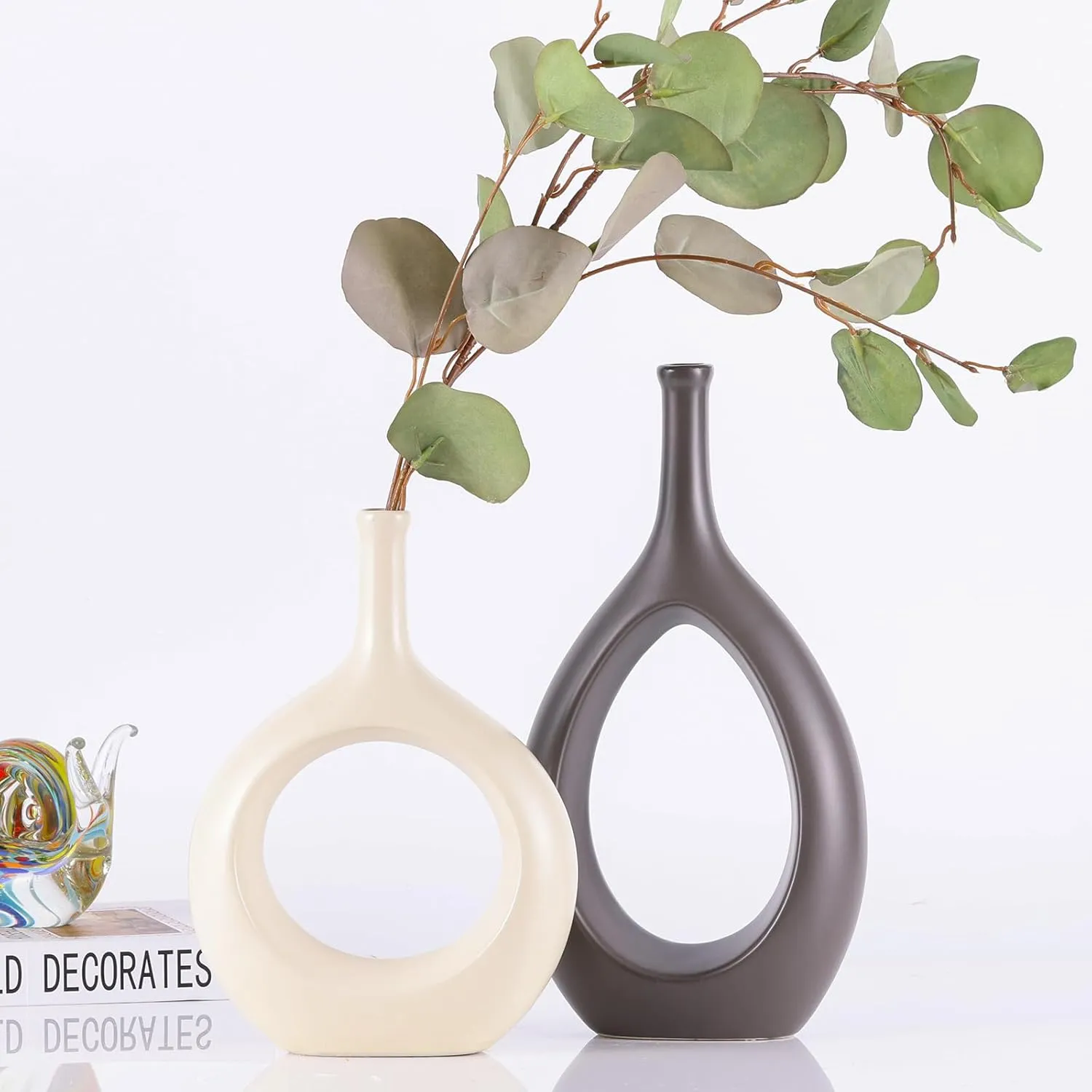 Brown White Vase Ceramic Off White Vases Home Decor,Modern Minimalist Circle with Hole Decorative Vase, Hollow Ellipse Flower vases for Bookshelf, Fireplace Mantle, Centerpieces,Farmhouse,Rustic Décor