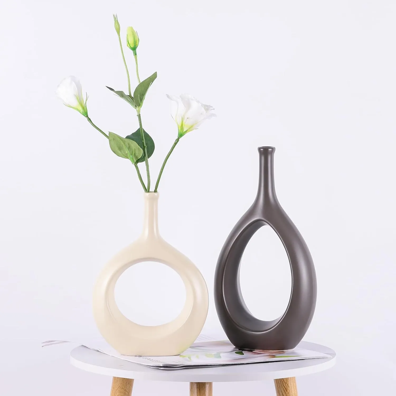 Brown White Vase Ceramic Off White Vases Home Decor,Modern Minimalist Circle with Hole Decorative Vase, Hollow Ellipse Flower vases for Bookshelf, Fireplace Mantle, Centerpieces,Farmhouse,Rustic Décor
