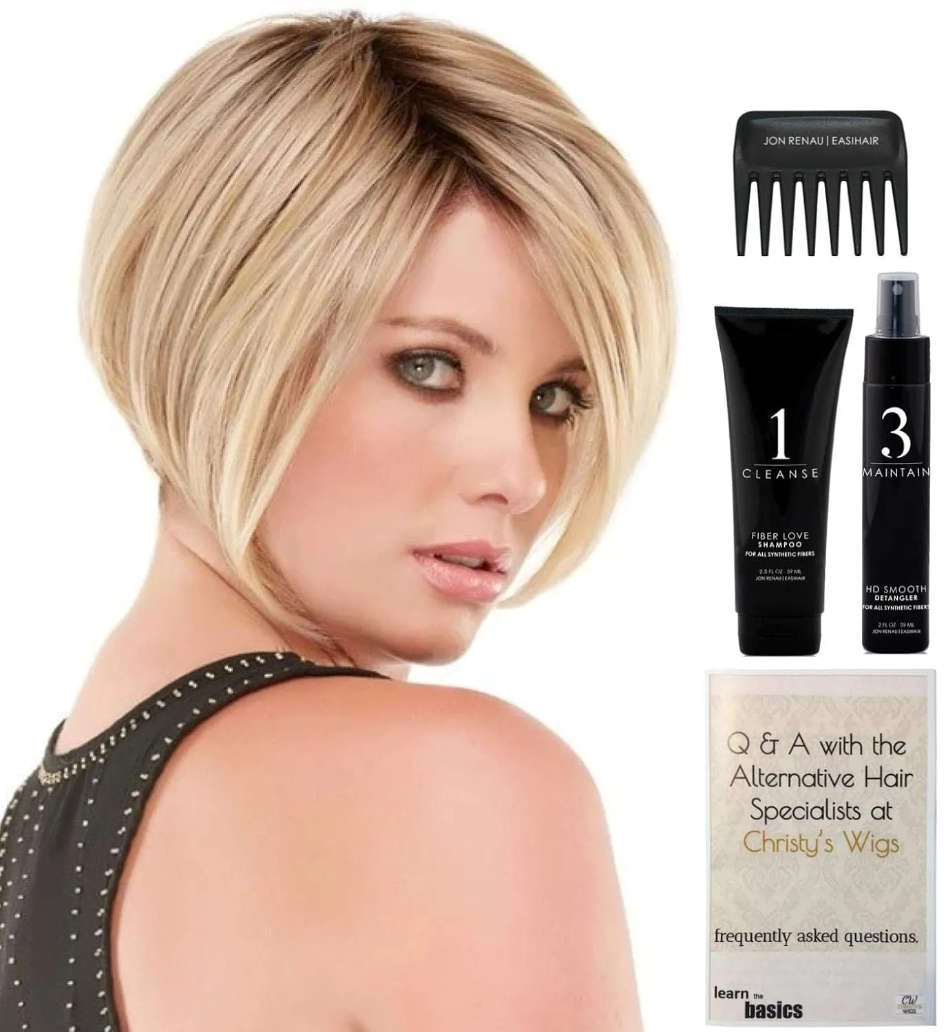 BUNDLE - 5 Items: Ignite AVERAGE SIZE Heat Friendly Synthetic Wig by Jon Renau, Christy's Wigs Q & A Booklet, HD Smooth Detangler, Synthetic Shampoo & Wide Tooth Comb - Color: 24BT18S8