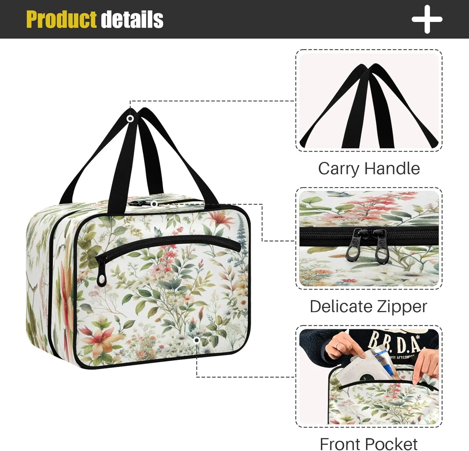 Burbuja Green Twig Travel Toiletry Bag for Women, Hanging Waterproof Toiletry Bag Cosmetic Organizer for Toiletries Accessories, M
