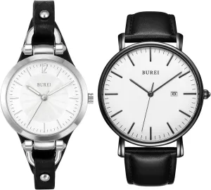 BUREI Couple Watches Simple Black Leather Watches for Men and Women Multifunction Chronograph Watch Fashion Waterproof Watch His and Hers Analog Quartz Wristwatches