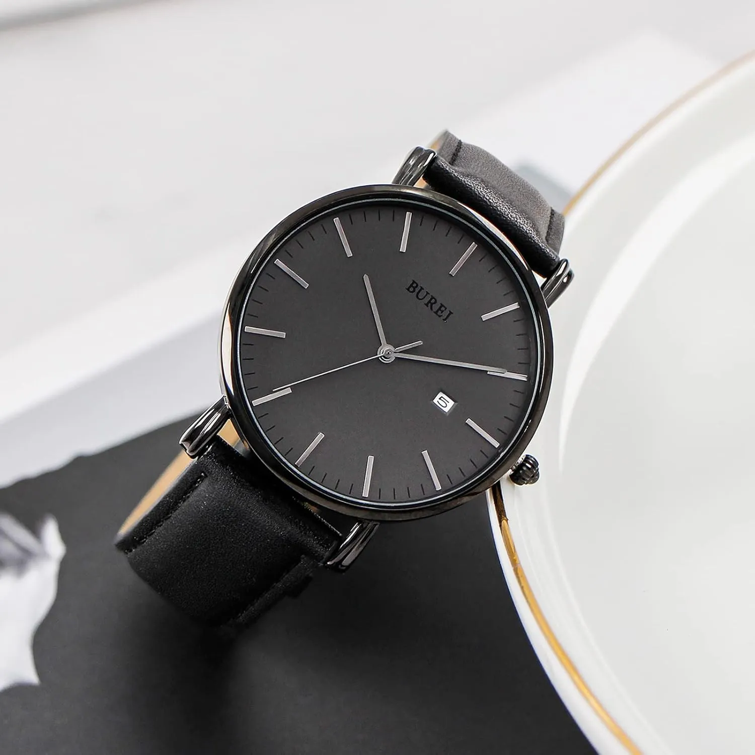 BUREI Men Watches Brown Leather Fashion Minimalist Wrist Watch Simple Ultra Thin Waterproof Quartz Watches All Black Stainless Steel Mesh Band,Gift for Men Women