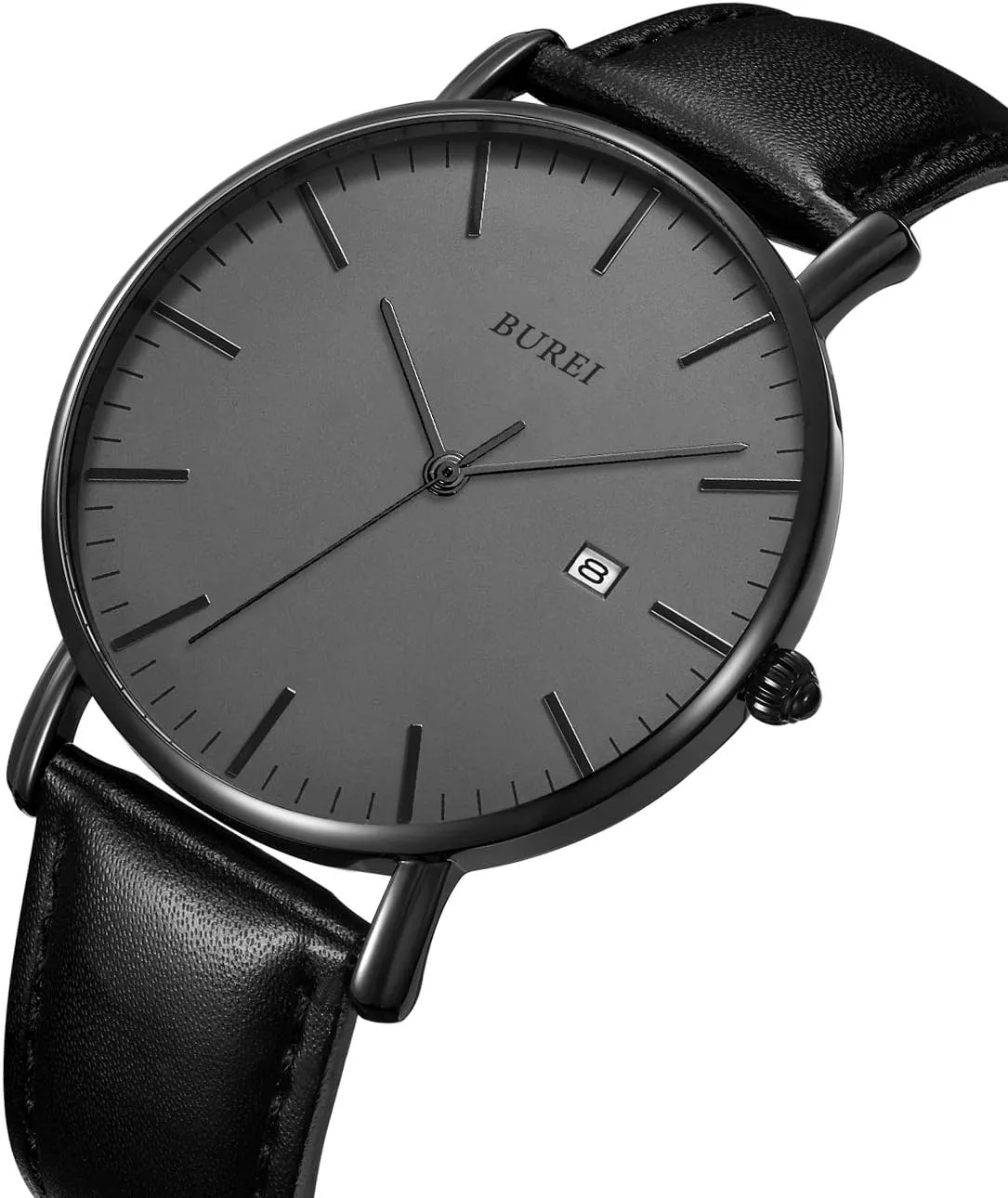 BUREI Men Watches Brown Leather Fashion Minimalist Wrist Watch Simple Ultra Thin Waterproof Quartz Watches All Black Stainless Steel Mesh Band,Gift for Men Women