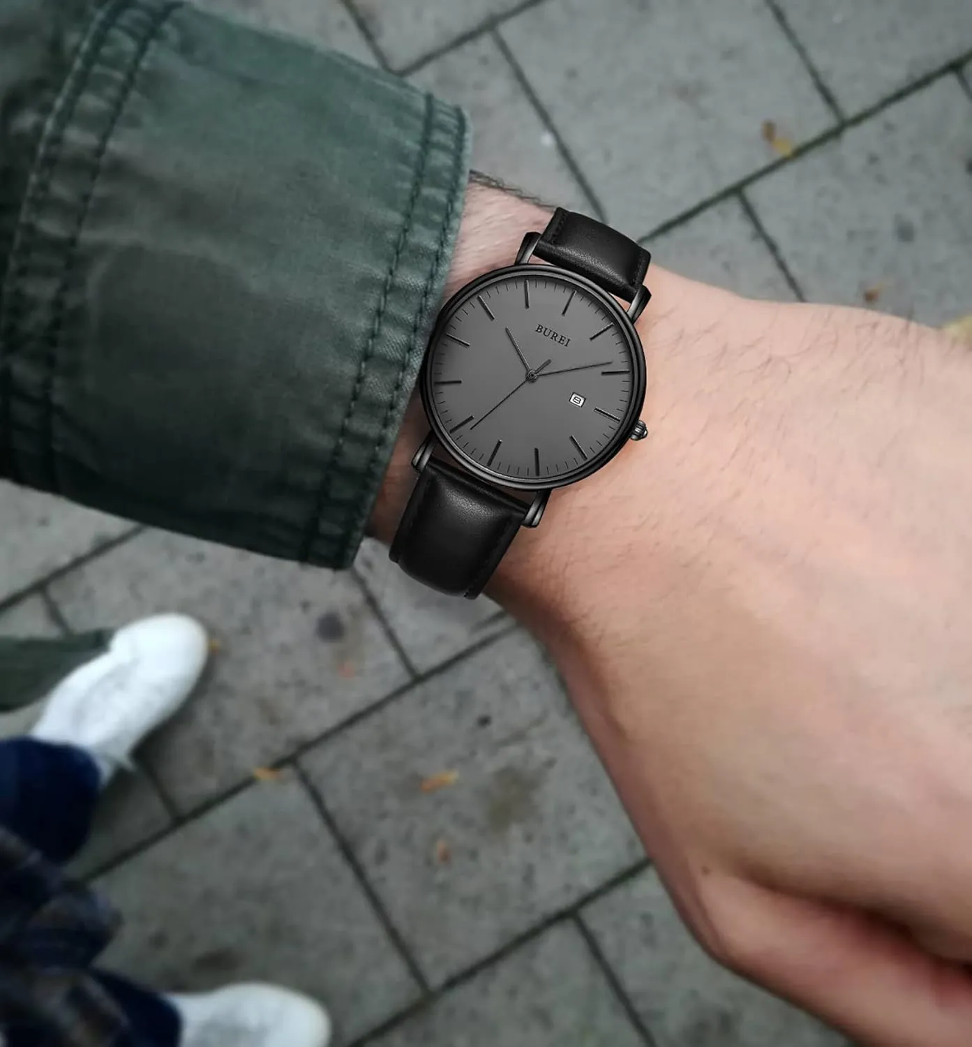 BUREI Men Watches Brown Leather Fashion Minimalist Wrist Watch Simple Ultra Thin Waterproof Quartz Watches All Black Stainless Steel Mesh Band,Gift for Men Women