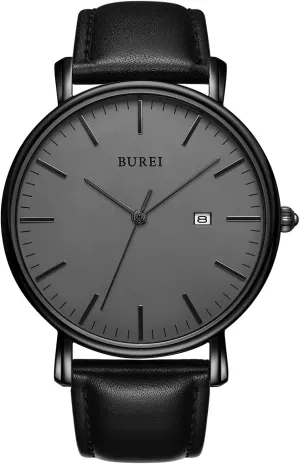 BUREI Men Watches Brown Leather Fashion Minimalist Wrist Watch Simple Ultra Thin Waterproof Quartz Watches All Black Stainless Steel Mesh Band,Gift for Men Women