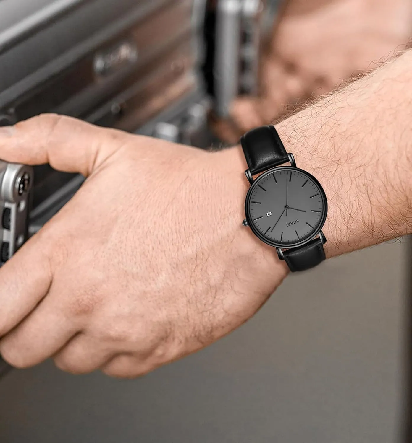 BUREI Men Watches Brown Leather Fashion Minimalist Wrist Watch Simple Ultra Thin Waterproof Quartz Watches All Black Stainless Steel Mesh Band,Gift for Men Women