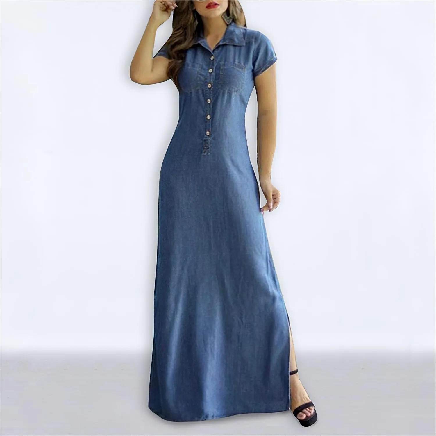 Button Down Denim Shirt Dress for Women Vintage Casual Lapel Collared Solid Jean Dresses with Pockets