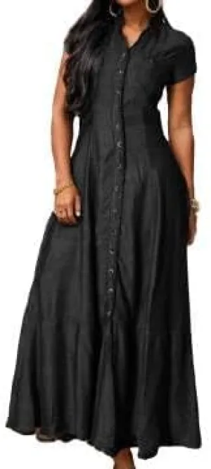 Button Down Denim Shirt Dress for Women Vintage Casual Lapel Collared Solid Jean Dresses with Pockets