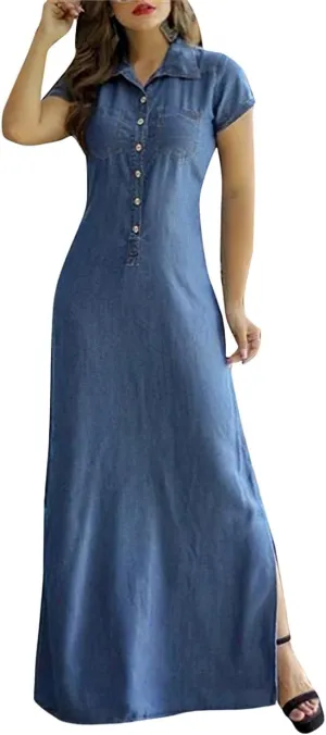 Button Down Denim Shirt Dress for Women Vintage Casual Lapel Collared Solid Jean Dresses with Pockets