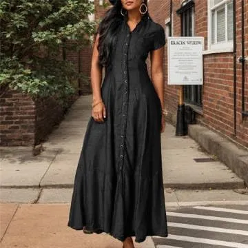 Button Down Denim Shirt Dress for Women Vintage Casual Lapel Collared Solid Jean Dresses with Pockets