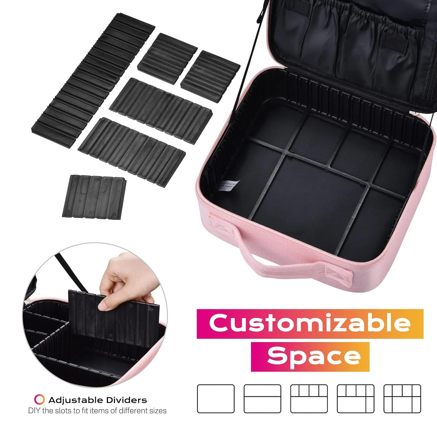 BYOOTIQUE Makeup Bag Travel Makeup Case 10" Cosmetic Makeup Organizer Storage Brush Holder with Adjustable Dividers Portable Artist Storage Bag for Cosmetics Makeup Brushes Toiletry Jewelry, Pink