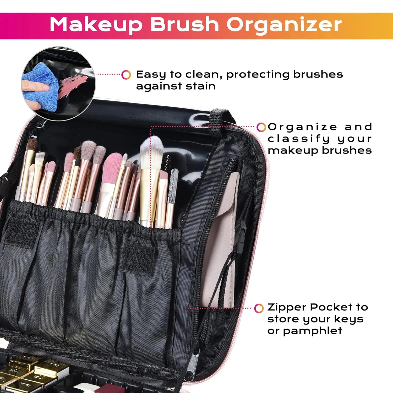 BYOOTIQUE Makeup Bag Travel Makeup Case 10" Cosmetic Makeup Organizer Storage Brush Holder with Adjustable Dividers Portable Artist Storage Bag for Cosmetics Makeup Brushes Toiletry Jewelry, Pink