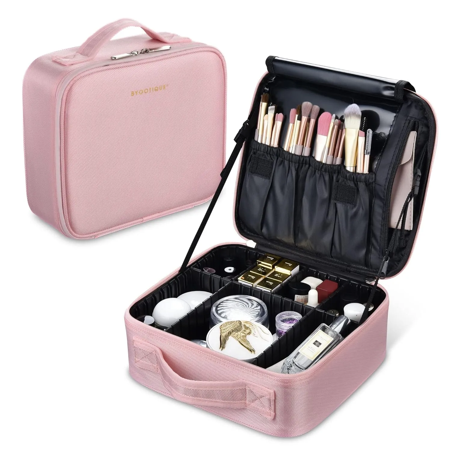 BYOOTIQUE Makeup Bag Travel Makeup Case 10" Cosmetic Makeup Organizer Storage Brush Holder with Adjustable Dividers Portable Artist Storage Bag for Cosmetics Makeup Brushes Toiletry Jewelry, Pink