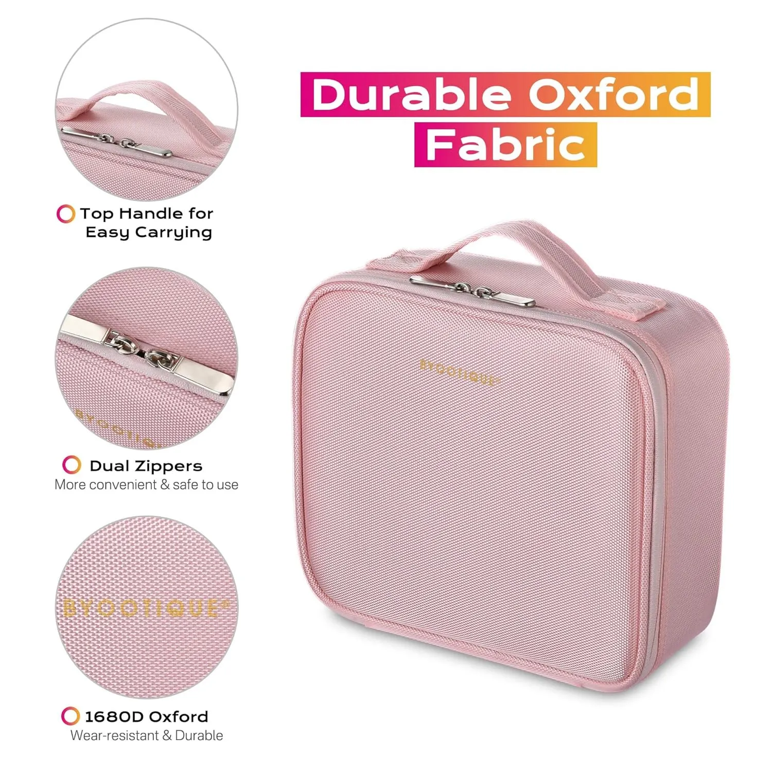 BYOOTIQUE Makeup Bag Travel Makeup Case 10" Cosmetic Makeup Organizer Storage Brush Holder with Adjustable Dividers Portable Artist Storage Bag for Cosmetics Makeup Brushes Toiletry Jewelry, Pink