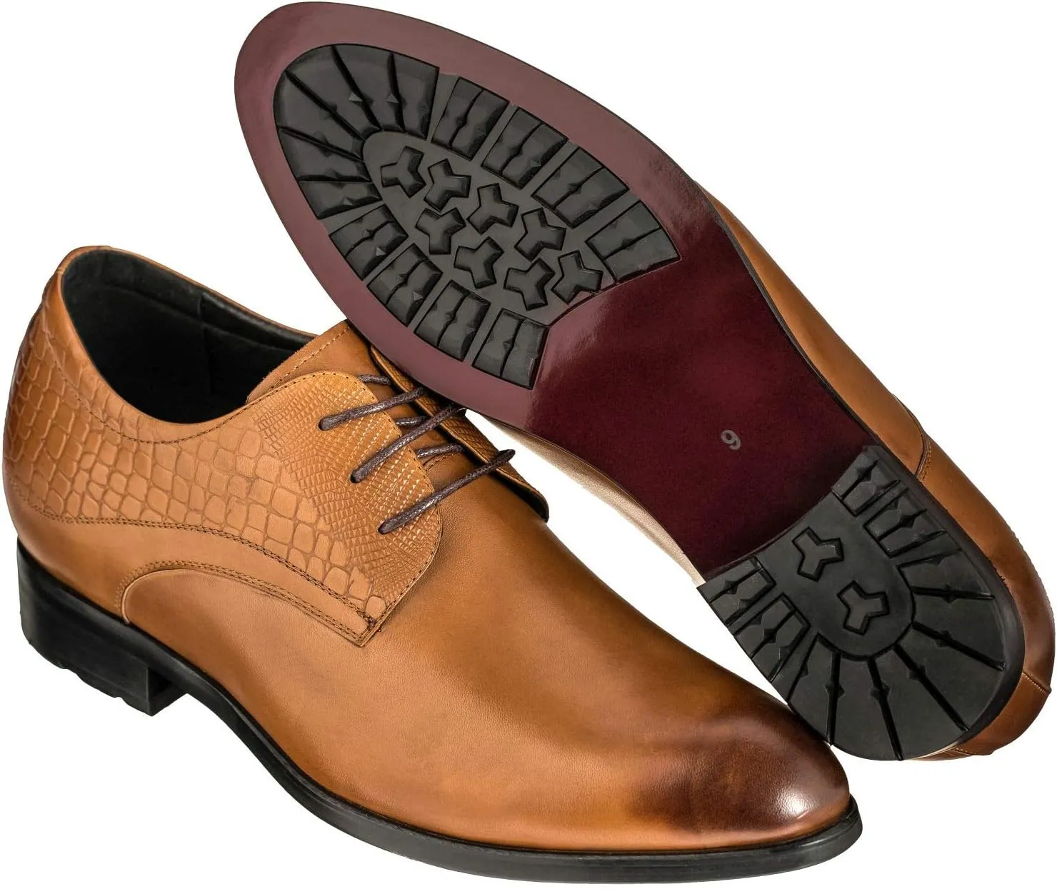 CALTO Height Increasing Elevator Shoes 3 Inches Taller - Light Tan Leather Dress Shoes - Men Invisible Elevated High Heels Oxfords A329013 - Size 9 D(M) US