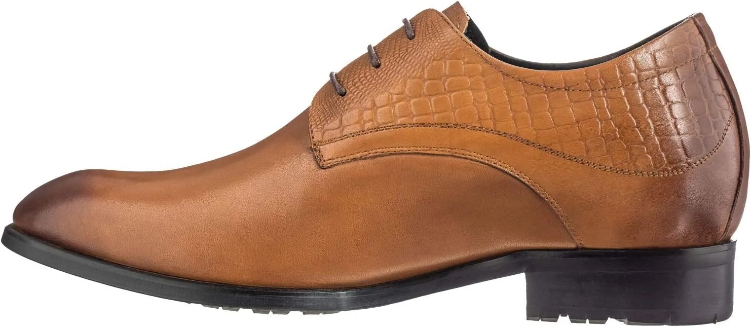 CALTO Height Increasing Elevator Shoes 3 Inches Taller - Light Tan Leather Dress Shoes - Men Invisible Elevated High Heels Oxfords A329013 - Size 9 D(M) US