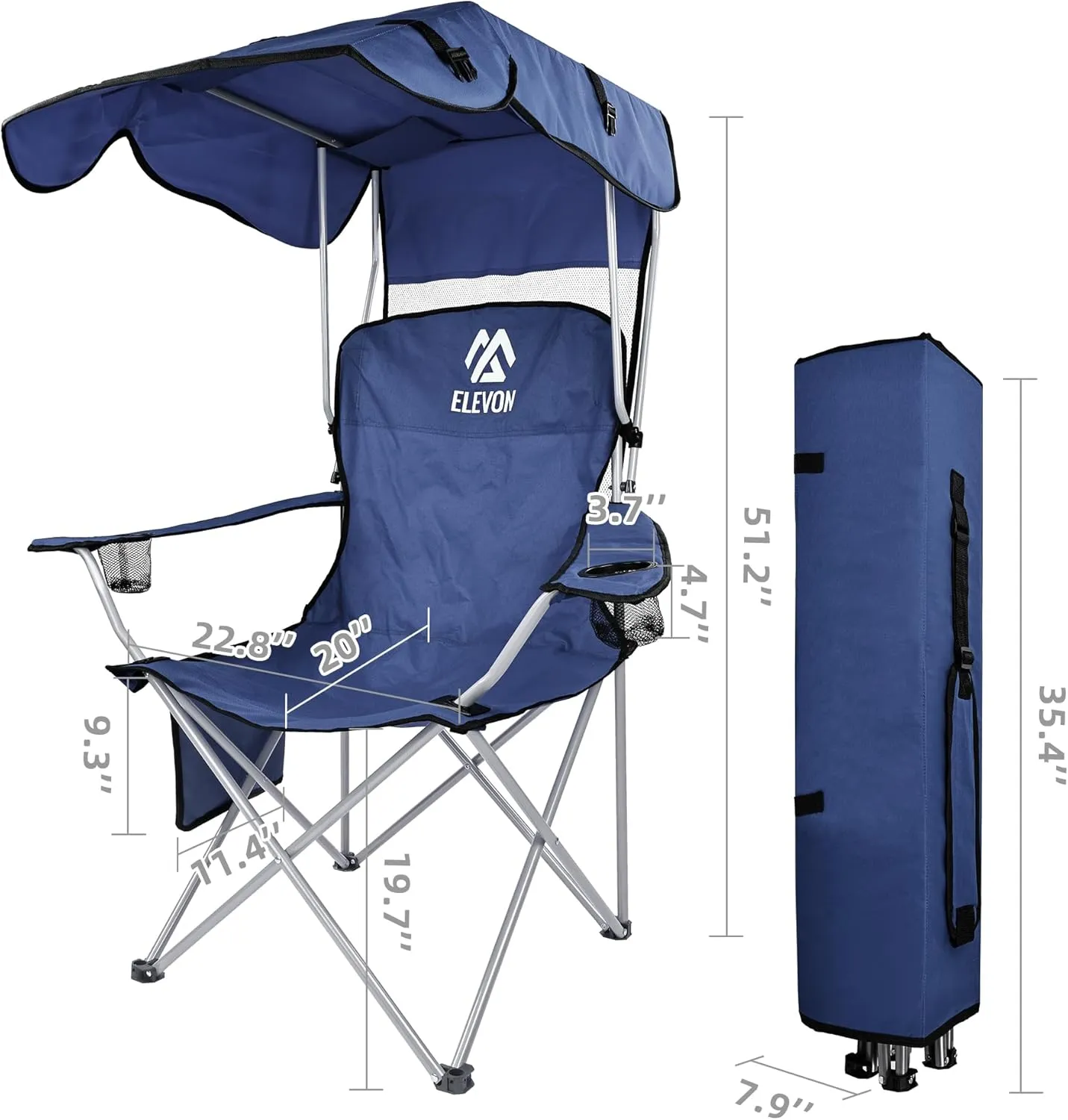 Camp Chairs with Shade Canopy Chair Folding Camping Recliner Support with Carrying Bag, Navy Blue