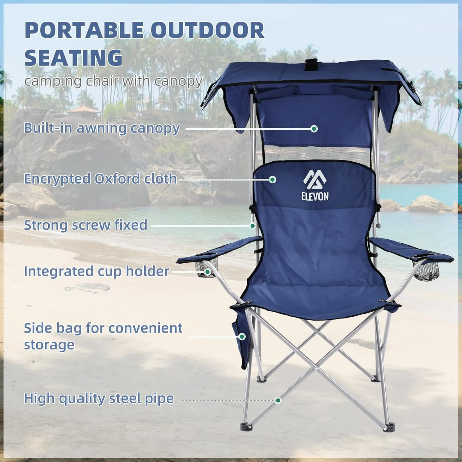 Camp Chairs with Shade Canopy Chair Folding Camping Recliner Support with Carrying Bag, Navy Blue