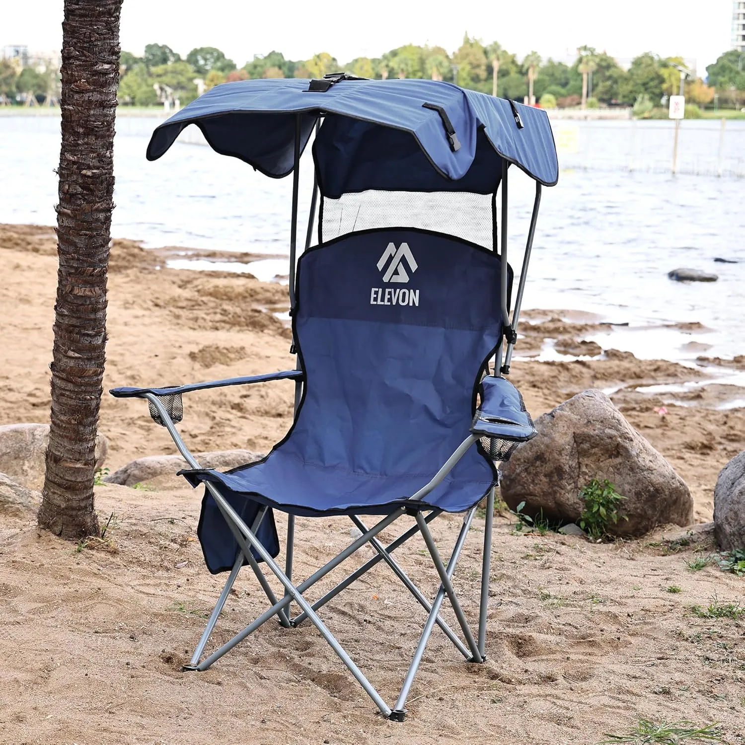 Camp Chairs with Shade Canopy Chair Folding Camping Recliner Support with Carrying Bag, Navy Blue